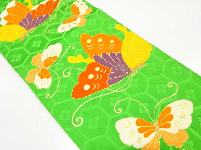 JAPANESE KIMONO / ANTIQUE FUKURO OBI / SILK / WOVEN BUTTERFLY